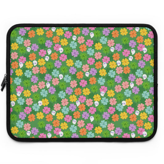 Colorful Clovers and Ghosts Laptop Sleeve | Green, Pink, Yellow, Retro Flowers