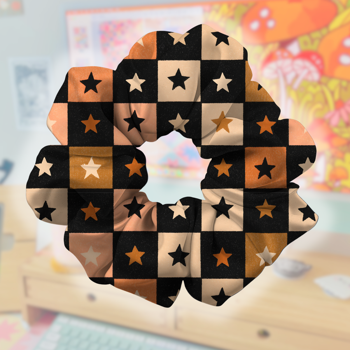 Retro Checkered Halloween Satin Scrunchie