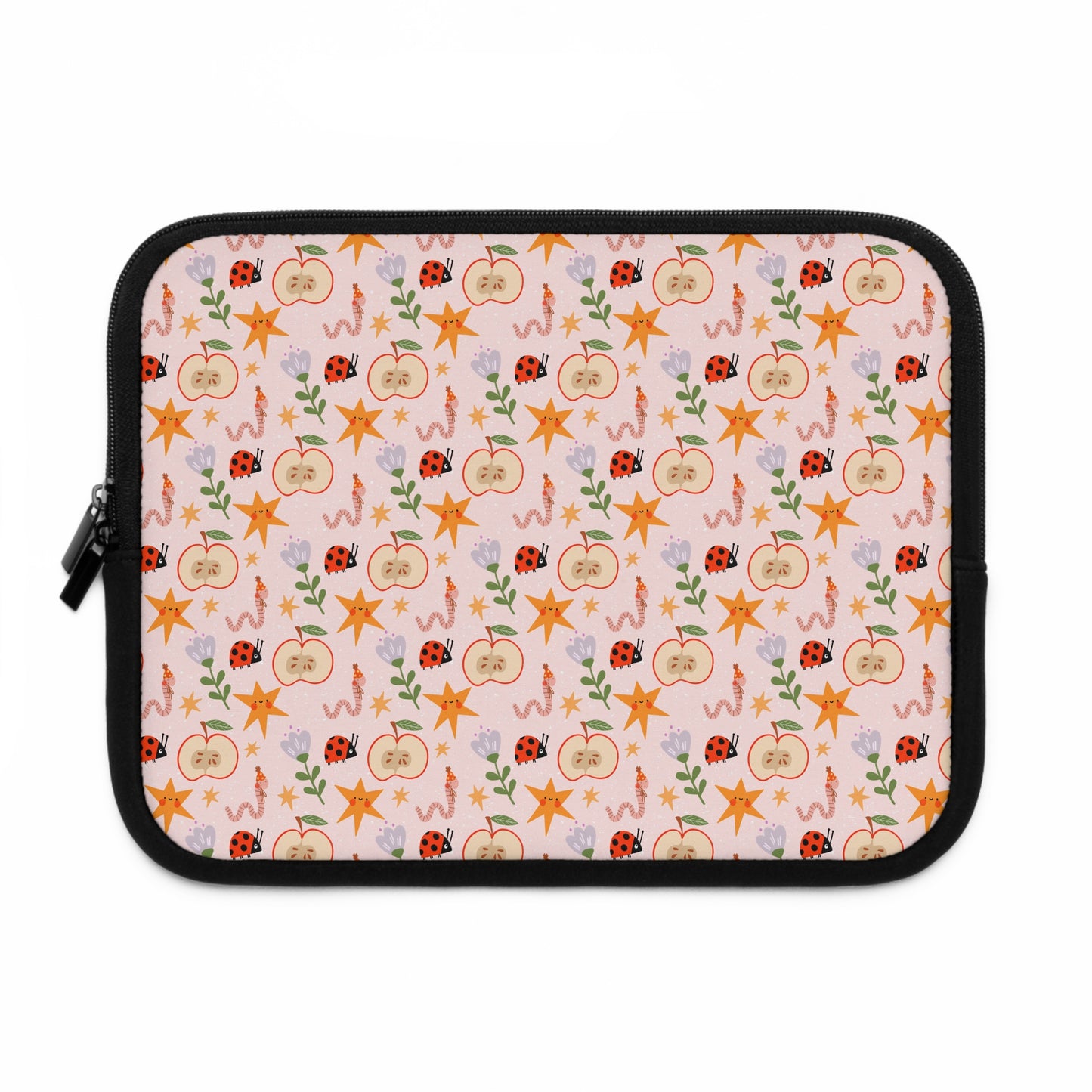 Quirky and Whimsical Laptop Sleeve | Cute Apple Worms and Stars Floral Design