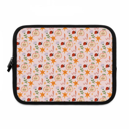 Quirky and Whimsical Laptop Sleeve | Cute Apple Worms and Stars Floral Design