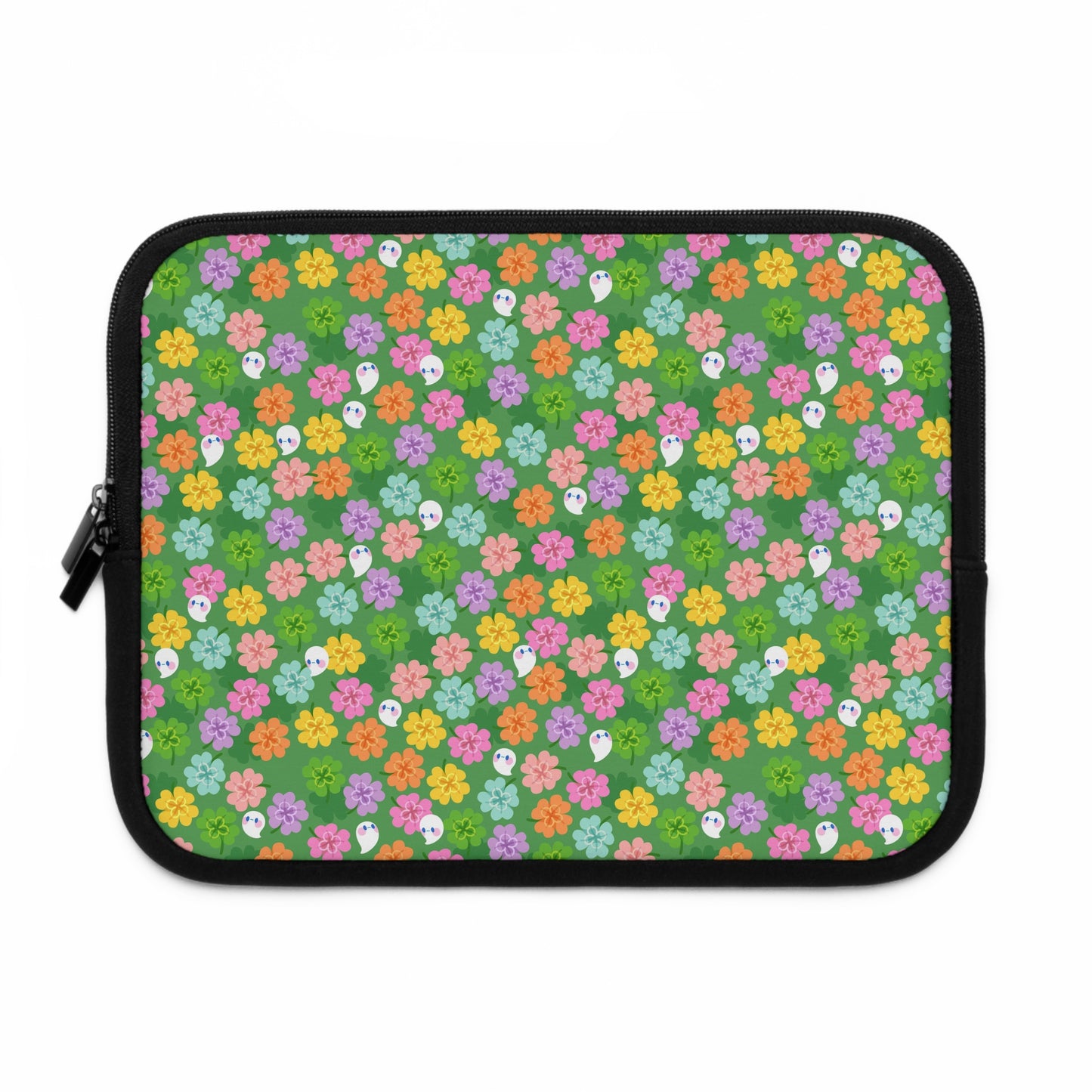 Colorful Clovers and Ghosts Laptop Sleeve | Green, Pink, Yellow, Retro Flowers