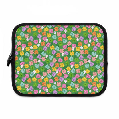 Colorful Clovers and Ghosts Laptop Sleeve | Green, Pink, Yellow, Retro Flowers