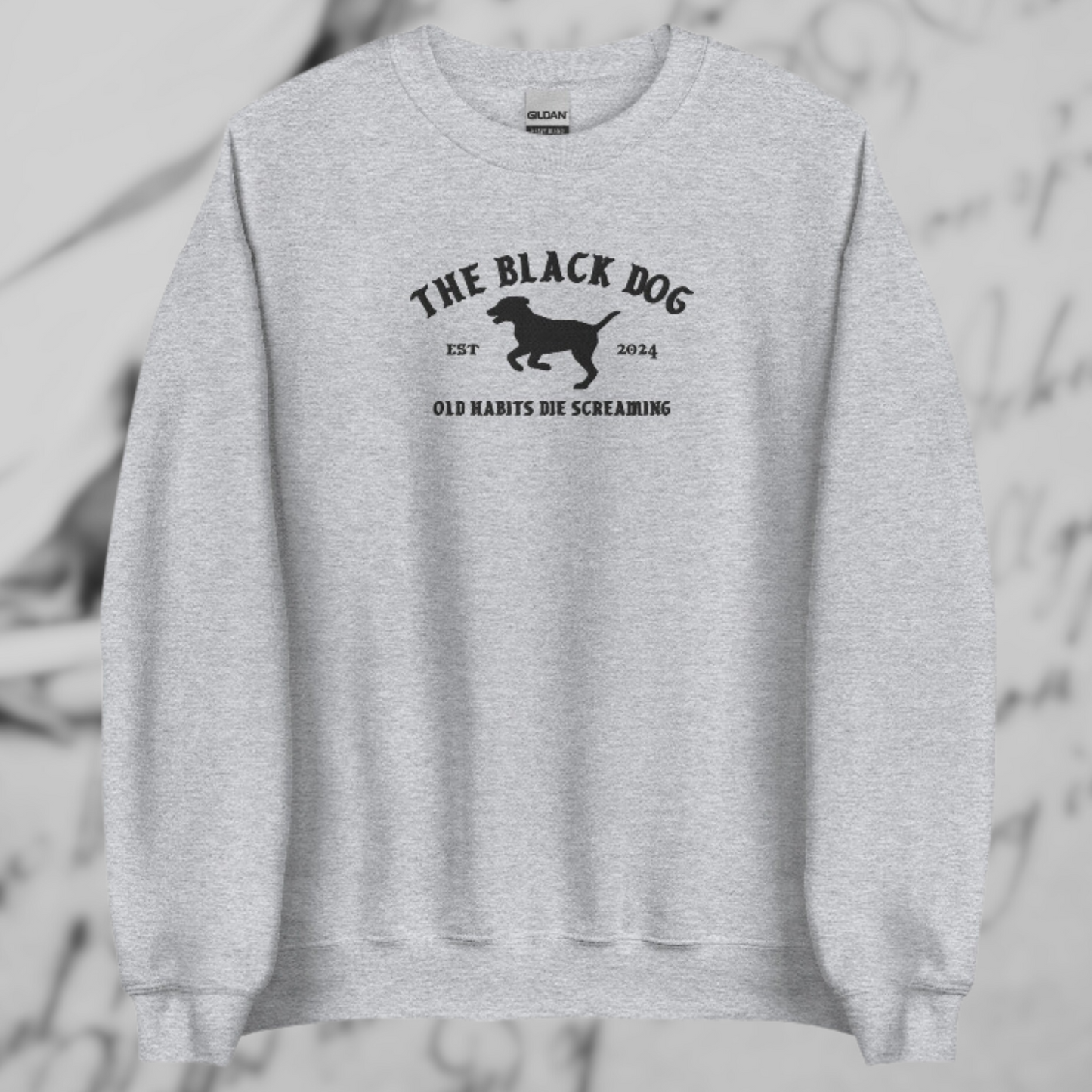 The Black Dog Poets Embroidered Crewneck Sweatshirt | Old Habits Die Screaming