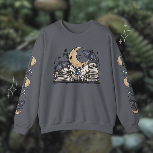 Dark Cottagecore Bookish Sweatshirt, Whimsical Moon and Moth Crewneck with Sleeve Design
