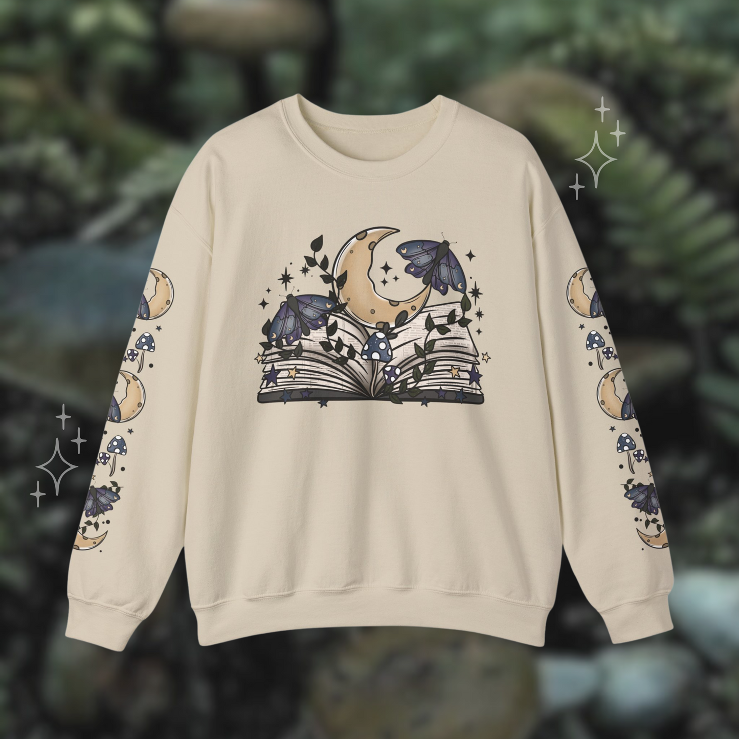 Dark Cottagecore Bookish Sweatshirt, Whimsical Moon and Moth Crewneck with Sleeve Design