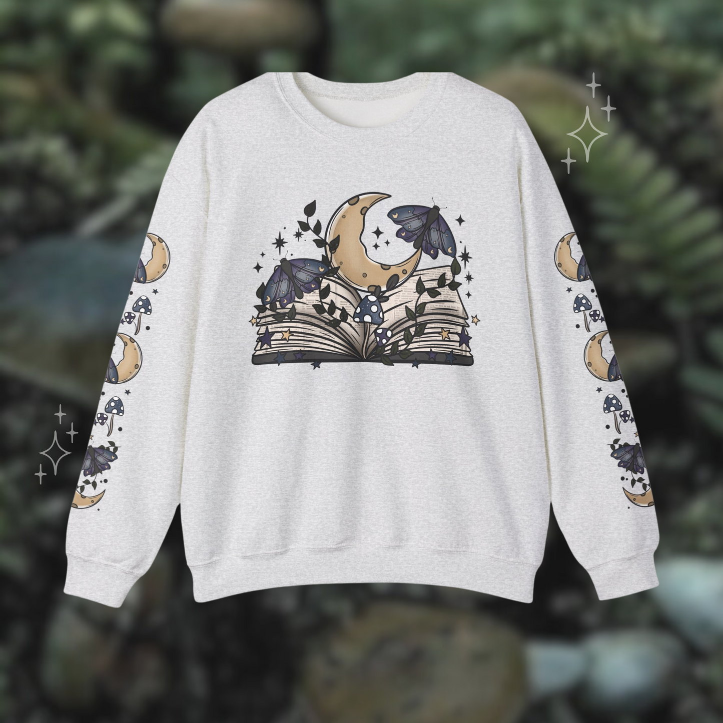 Dark Cottagecore Bookish Sweatshirt, Whimsical Moon and Moth Crewneck with Sleeve Design