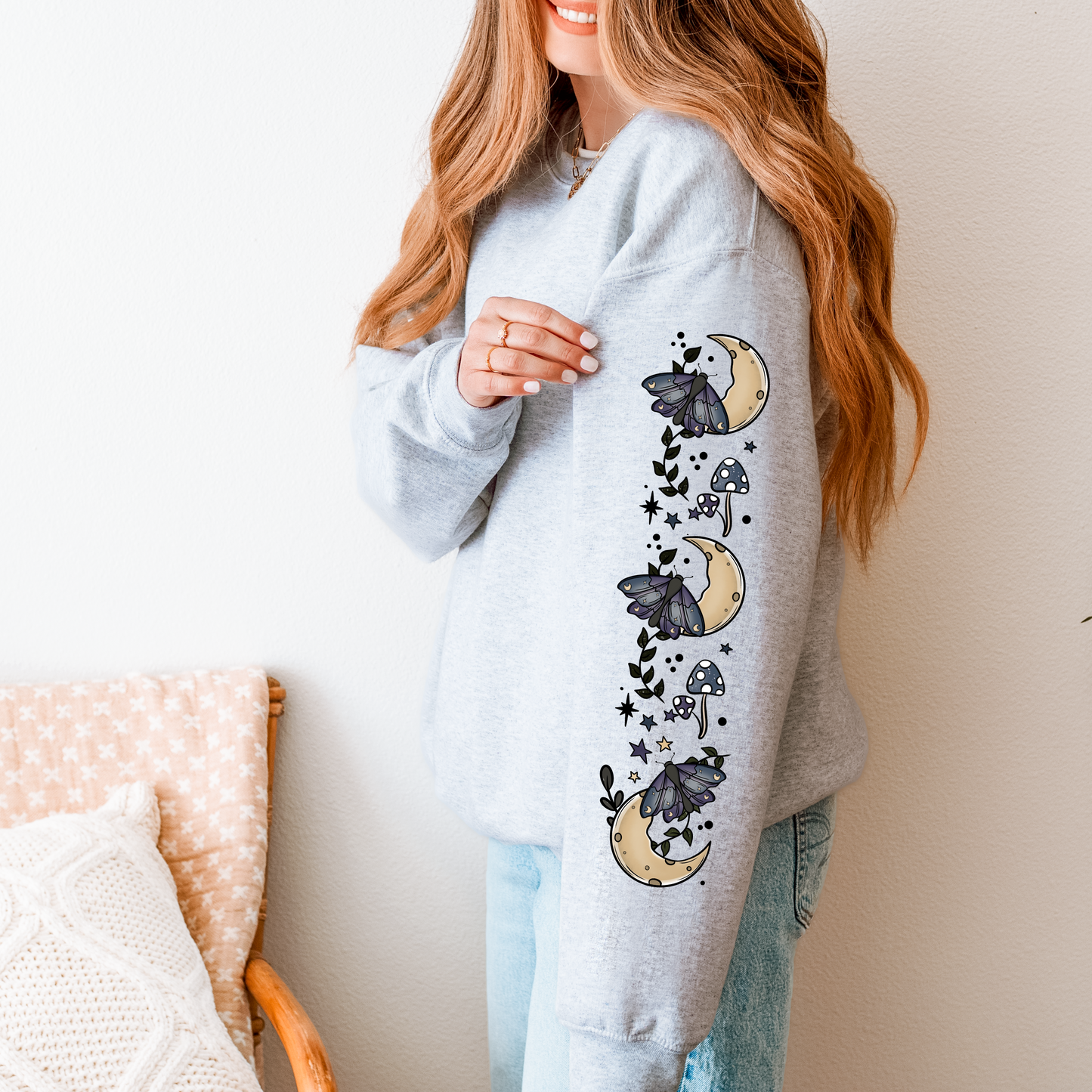 Dark Cottagecore Bookish Sweatshirt, Whimsical Moon and Moth Crewneck with Sleeve Design