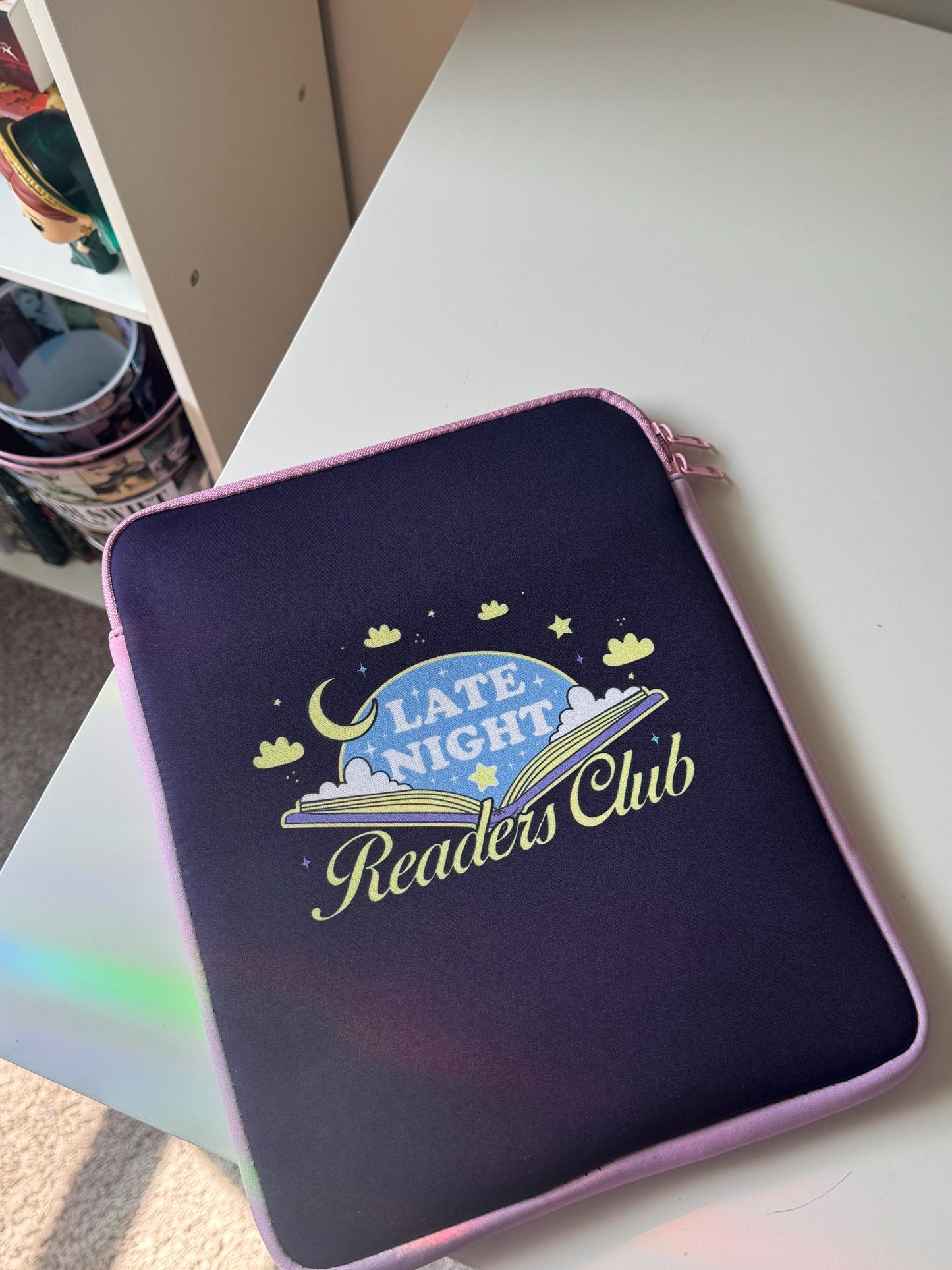 SMALL PRINTING IMPERFECTION Discounted Large Padded Book Sleeve with Zipper, Late Night Readers Club Book Pouch, Kindle Case, Reader Gifts