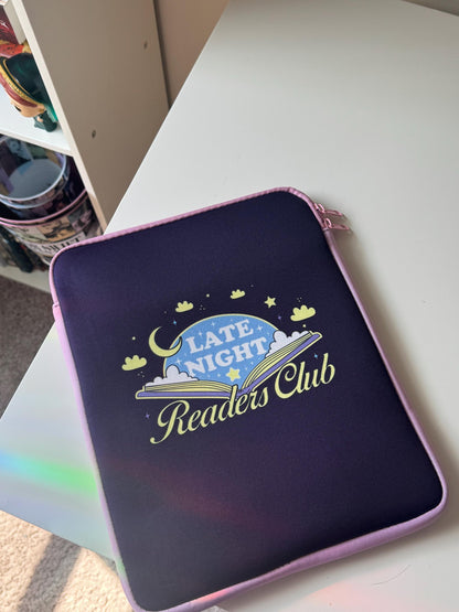 SMALL PRINTING IMPERFECTION Discounted Large Padded Book Sleeve with Zipper, Late Night Readers Club Book Pouch, Kindle Case, Reader Gifts