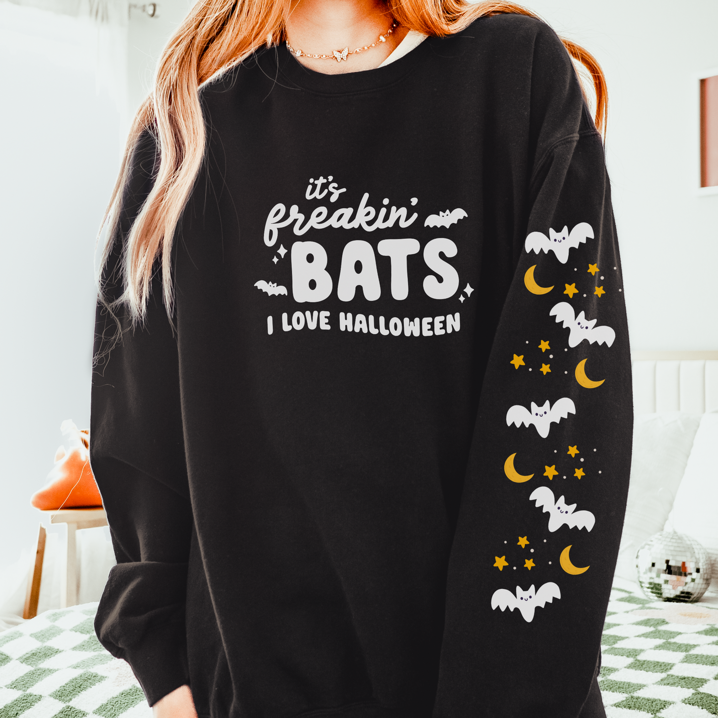 Its Freakin Bats I love Halloween Spooky Season Sweatshirt with Sleeve Print