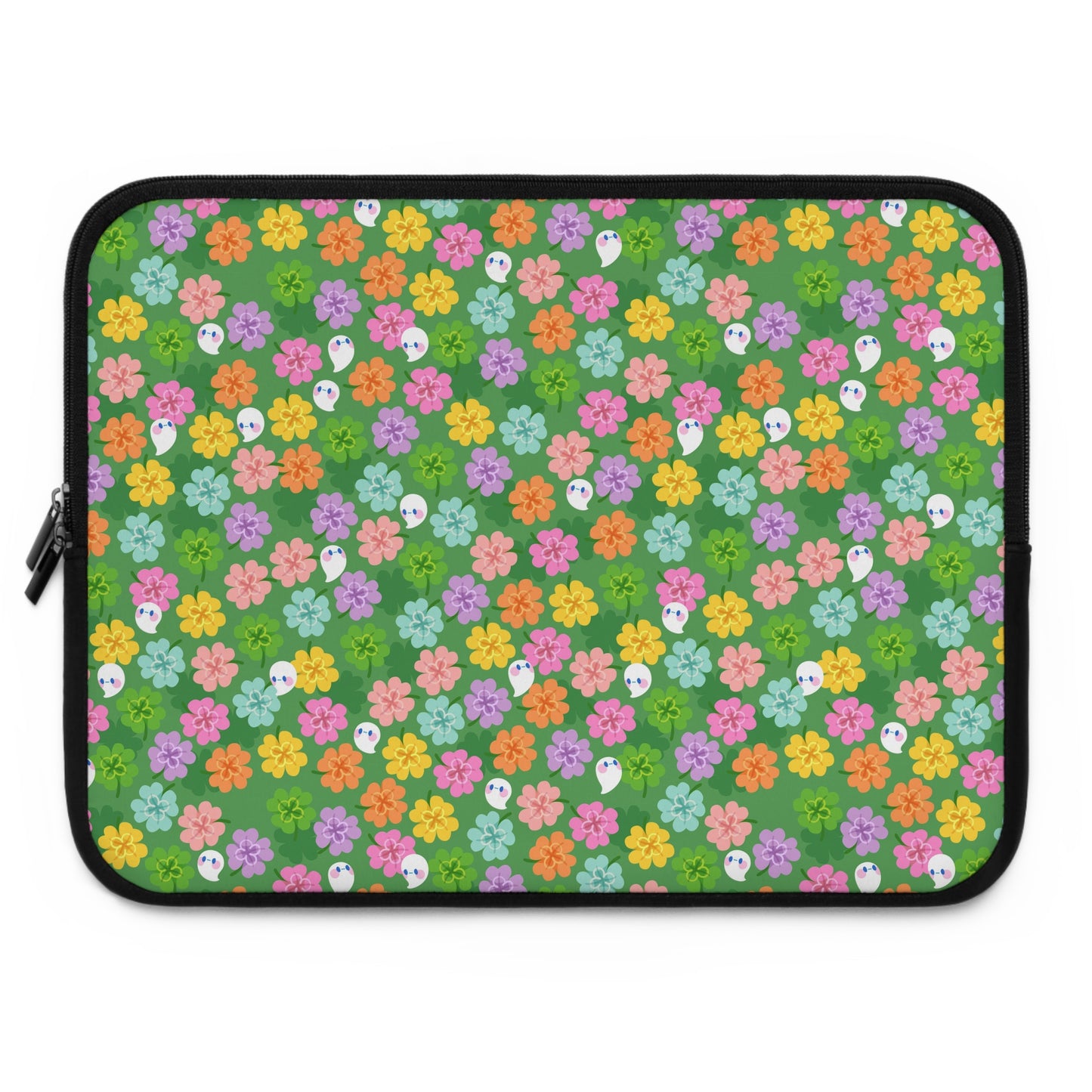 Colorful Clovers and Ghosts Laptop Sleeve | Green, Pink, Yellow, Retro Flowers