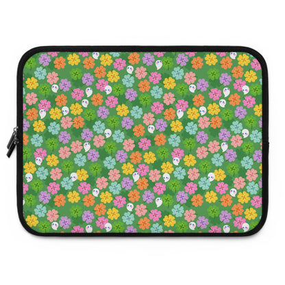 Colorful Clovers and Ghosts Laptop Sleeve | Green, Pink, Yellow, Retro Flowers