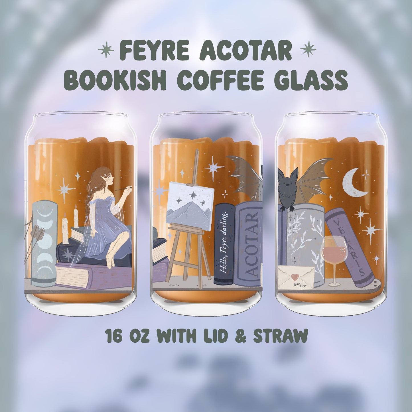 Feyre Velaris Iced Coffee Glass, SJM ACOTAR Merch, Fantasy Reader Gifts, acotar fan art, night court, Bookish Coffee Lover
