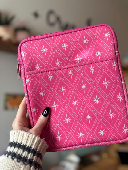 Pink Retro Christmas Book & Kindle Pouch, Medium E-Reader Zip up Book Sleeve, Bookish Gifts