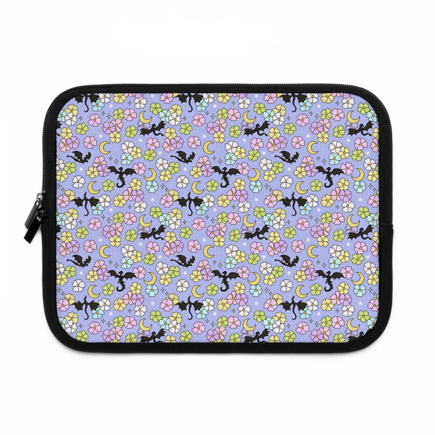 Dragon and Florals Fantasy Reader Laptop Sleeve | Pastel Flowers, Crescent Moons