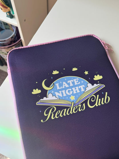 SMALL PRINTING IMPERFECTION Discounted Large Padded Book Sleeve with Zipper, Late Night Readers Club Book Pouch, Kindle Case, Reader Gifts