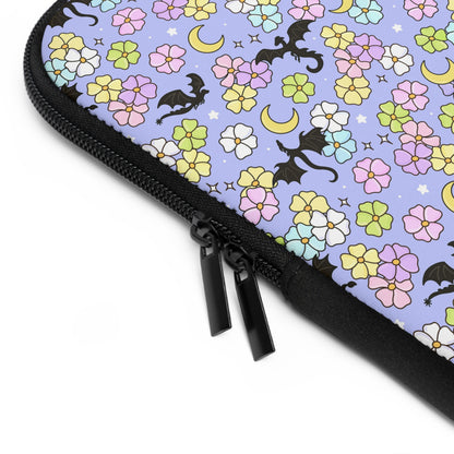 Dragon and Florals Fantasy Reader Laptop Sleeve | Pastel Flowers, Crescent Moons