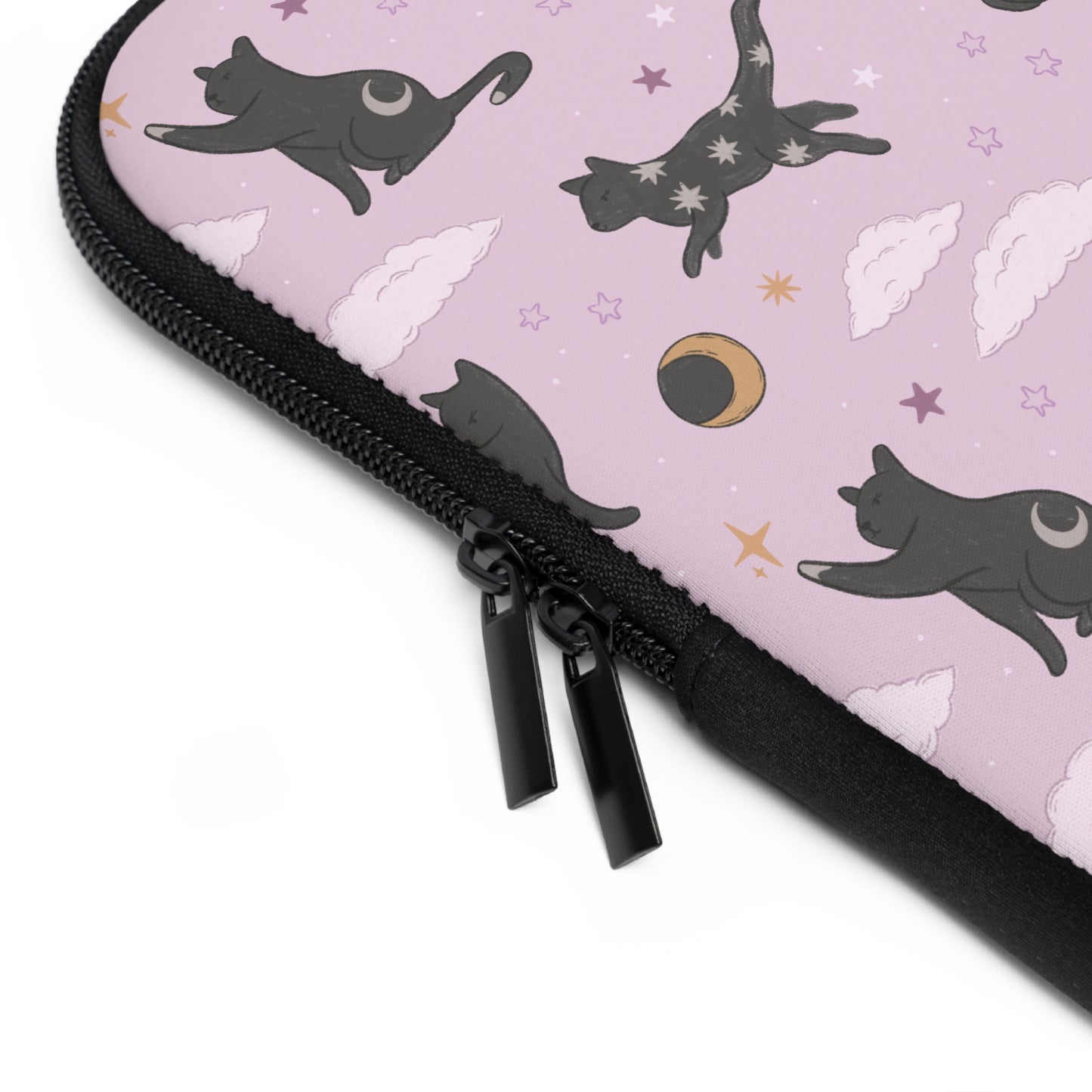 Lunar Black Cat Pattern Laptop Sleeve, Pastel Pink Stars Moons, Celestial Witchy Aesthetic, Cute Laptop Case, MacBook Case, Ipad Case