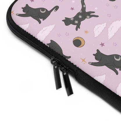 Lunar Black Cat Pattern Laptop Sleeve, Pastel Pink Stars Moons, Celestial Witchy Aesthetic, Cute Laptop Case, MacBook Case, Ipad Case