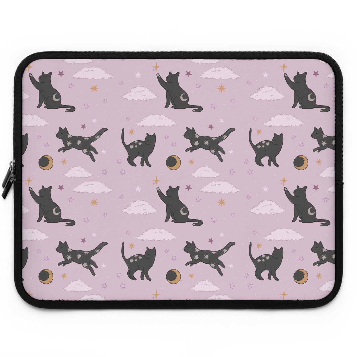 Lunar Black Cat Pattern Laptop Sleeve, Pastel Pink Stars Moons, Celestial Witchy Aesthetic, Cute Laptop Case, MacBook Case, Ipad Case