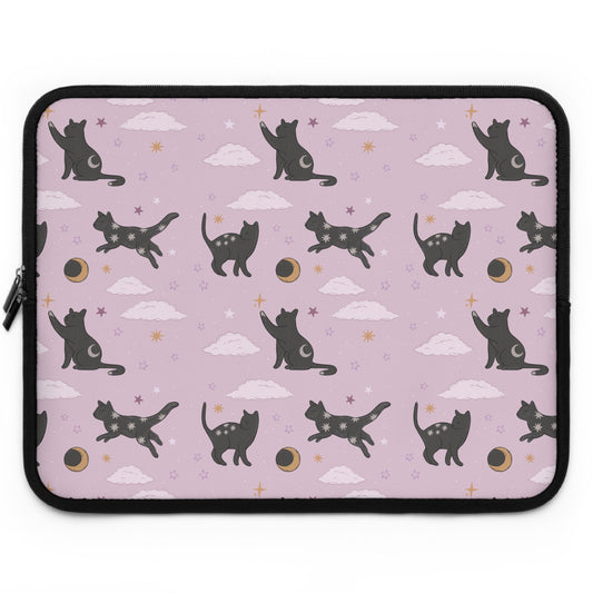Lunar Black Cat Pattern Laptop Sleeve, Pastel Pink Stars Moons, Celestial Witchy Aesthetic, Cute Laptop Case, MacBook Case, Ipad Case