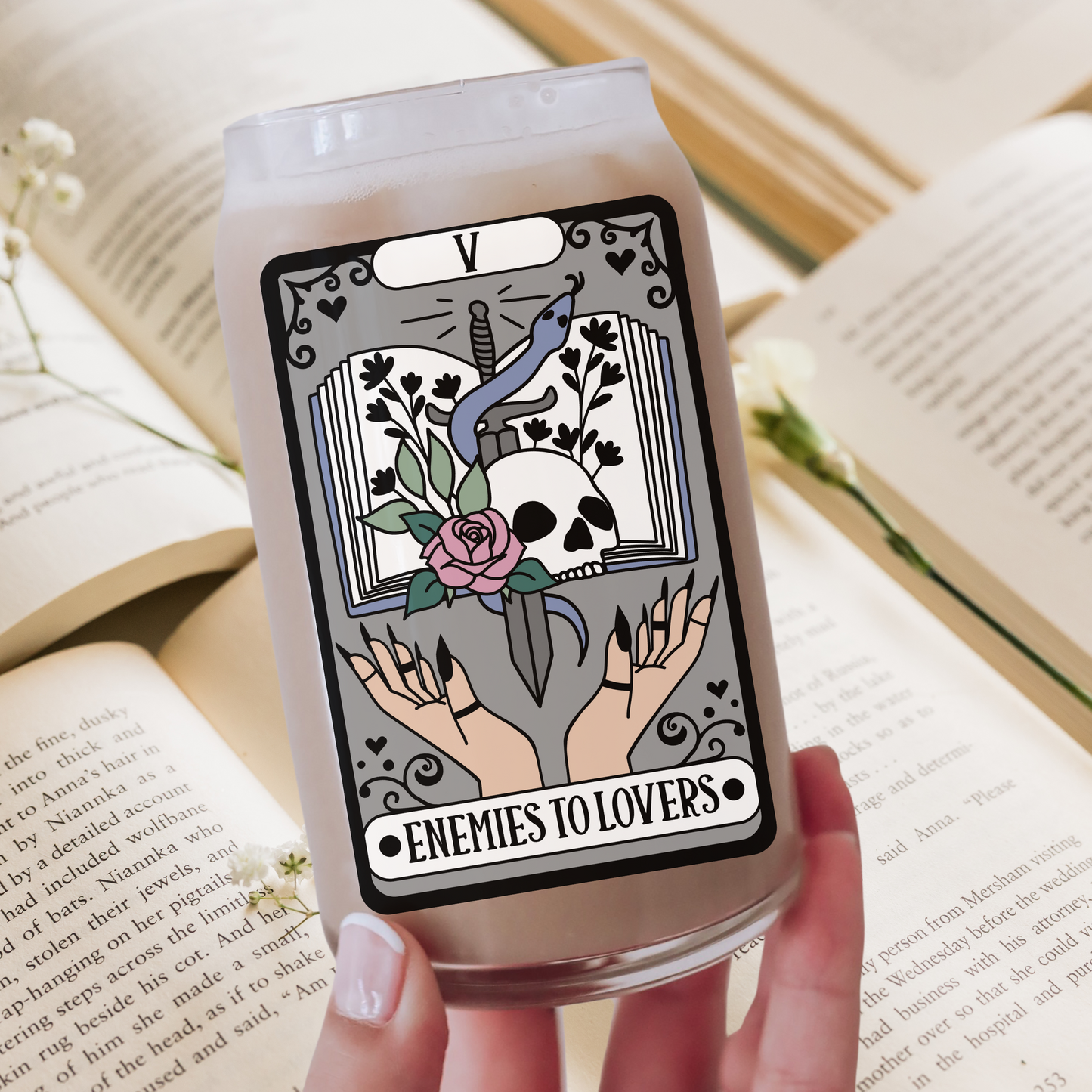 Enemies to Lovers Bookish Tarot Iced Coffee Glass