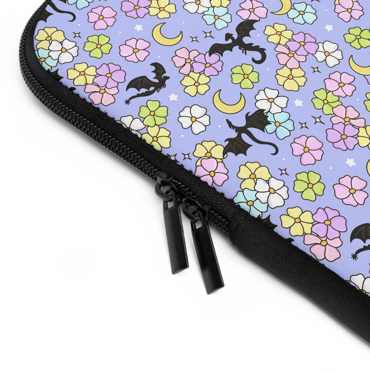 Dragon and Florals Fantasy Reader Laptop Sleeve | Pastel Flowers, Crescent Moons