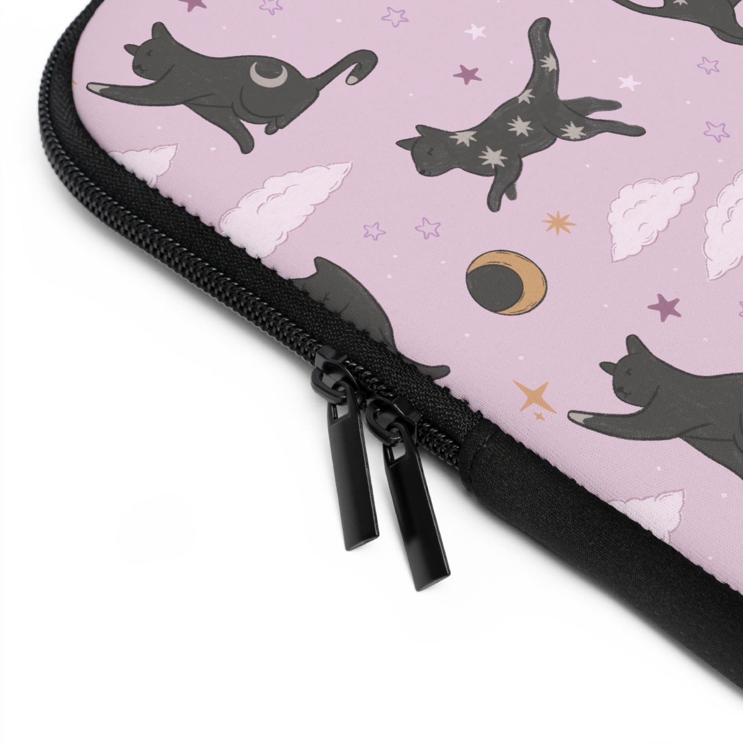 Lunar Black Cat Pattern Laptop Sleeve, Pastel Pink Stars Moons, Celestial Witchy Aesthetic, Cute Laptop Case, MacBook Case, Ipad Case