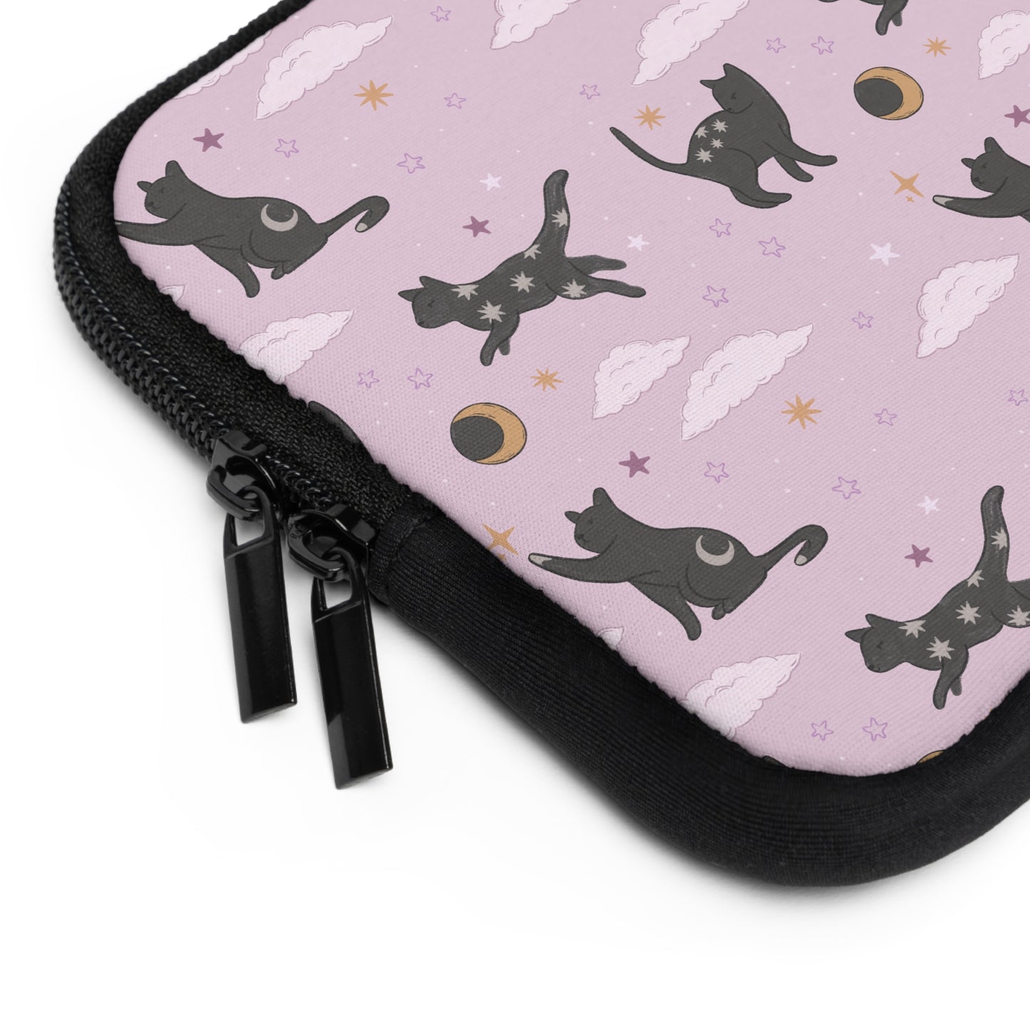 Lunar Black Cat Pattern Laptop Sleeve, Pastel Pink Stars Moons, Celestial Witchy Aesthetic, Cute Laptop Case, MacBook Case, Ipad Case