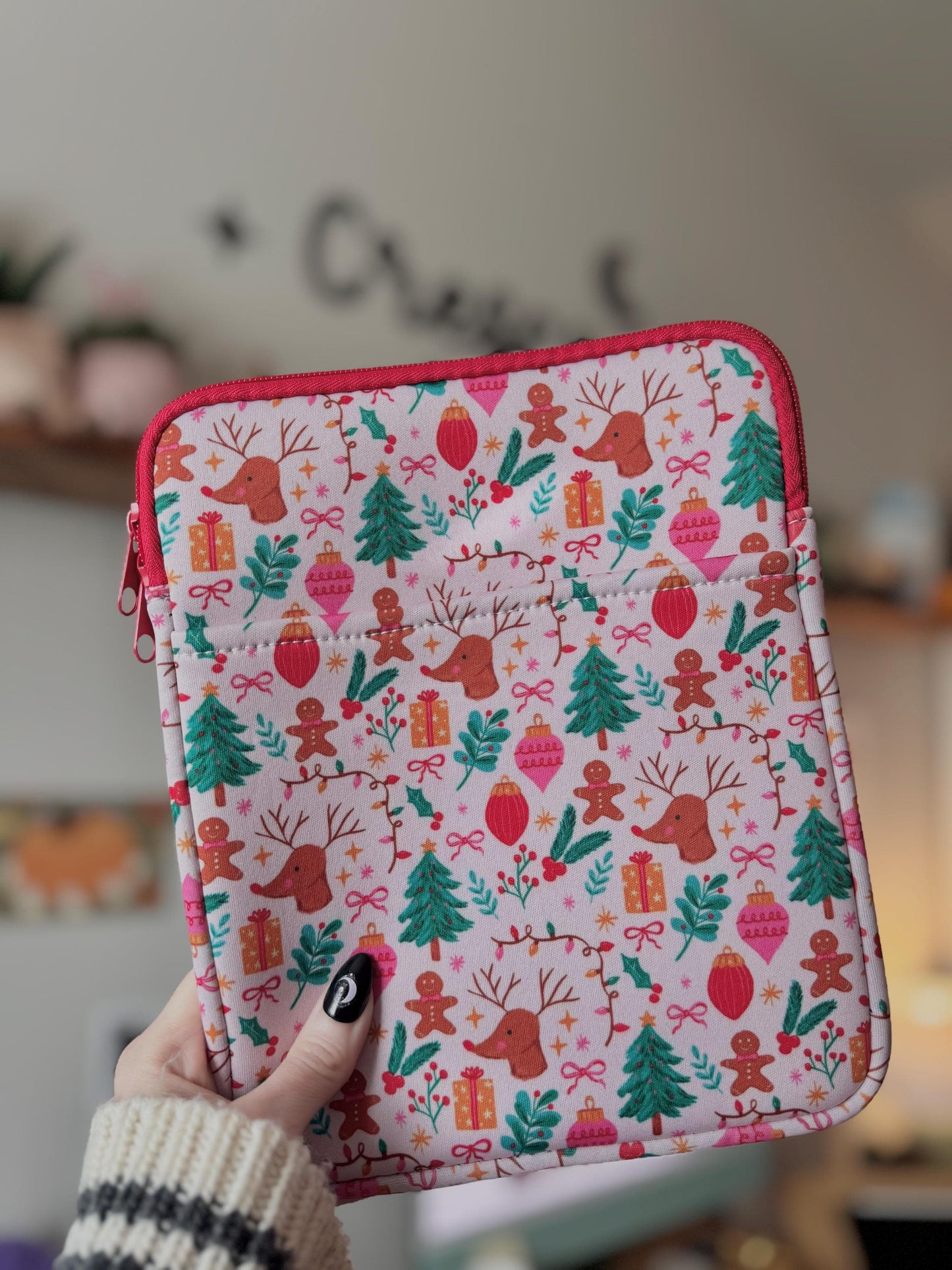 Pastel Christmas Reindeer Book & Kindle Pouch, Medium E-Reader Zip up Book Sleeve, Bookish Holiday Gifts
