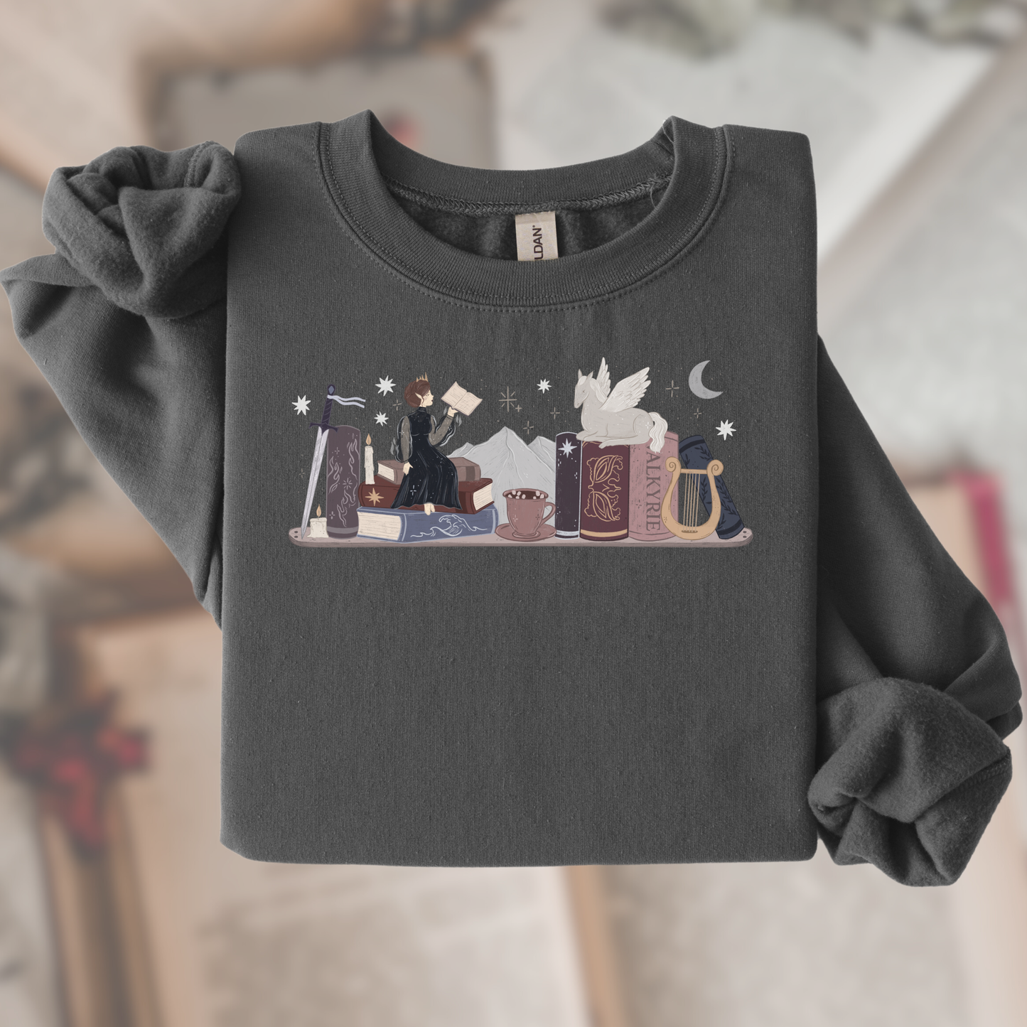Nesta ACOTAR Bookshelf Gildan Crewneck Sweatshirt, SJM Fantasy Reader Merch, Velaris Night Court, Valkyrie, Bookish Gifts