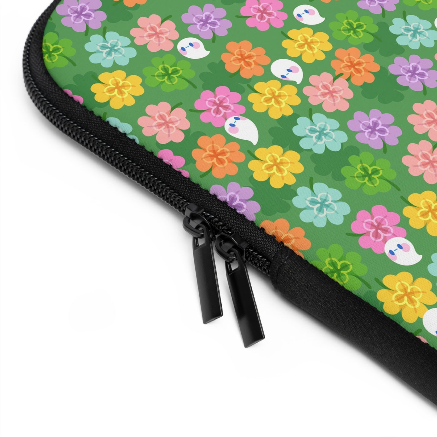 Colorful Clovers and Ghosts Laptop Sleeve | Green, Pink, Yellow, Retro Flowers