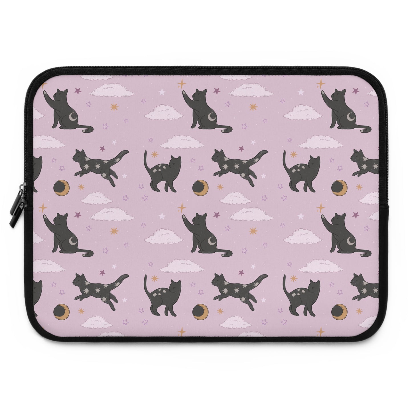 Lunar Black Cat Pattern Laptop Sleeve, Pastel Pink Stars Moons, Celestial Witchy Aesthetic, Cute Laptop Case, MacBook Case, Ipad Case