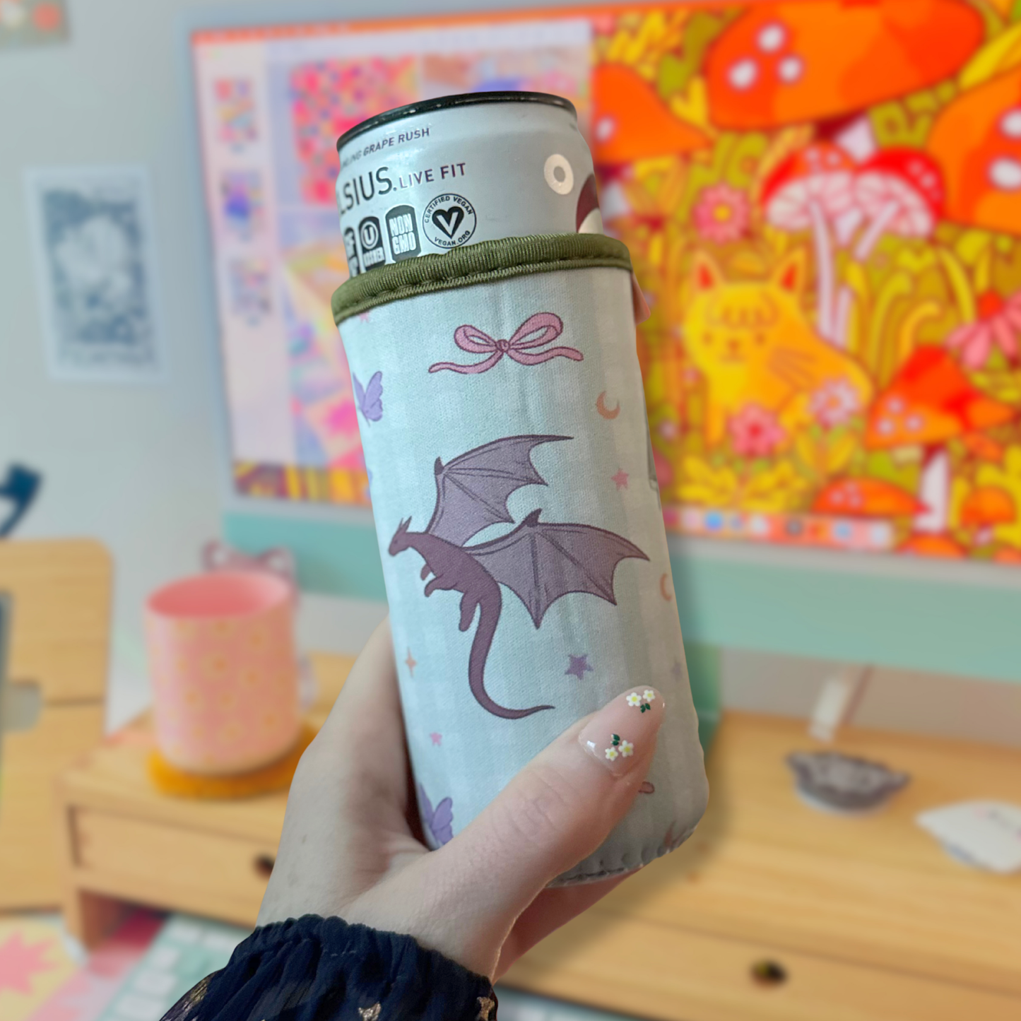 Gingham Romantasy Dragon Slim Can Sleeve