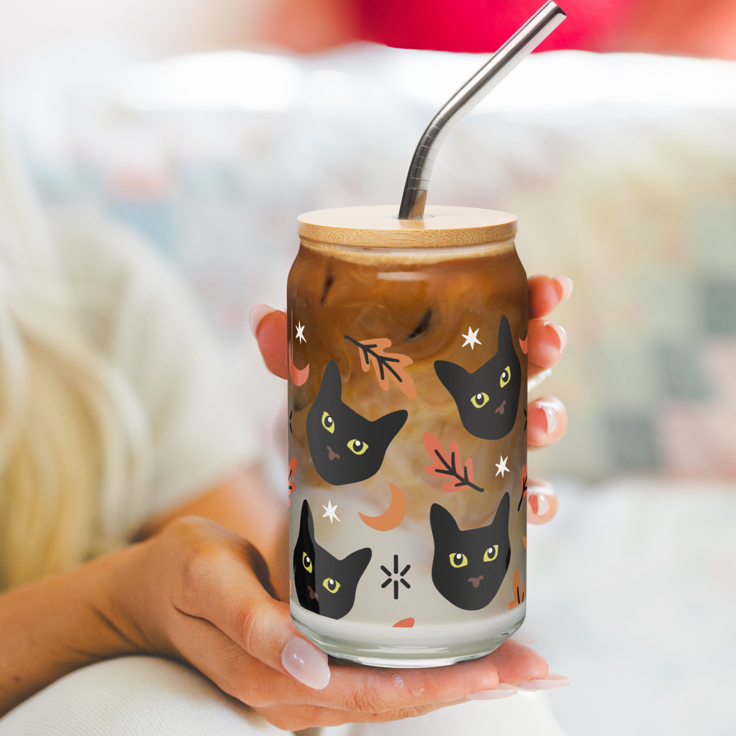 Spooky Halloween Black Cat Lover Fall Iced Coffee Glass