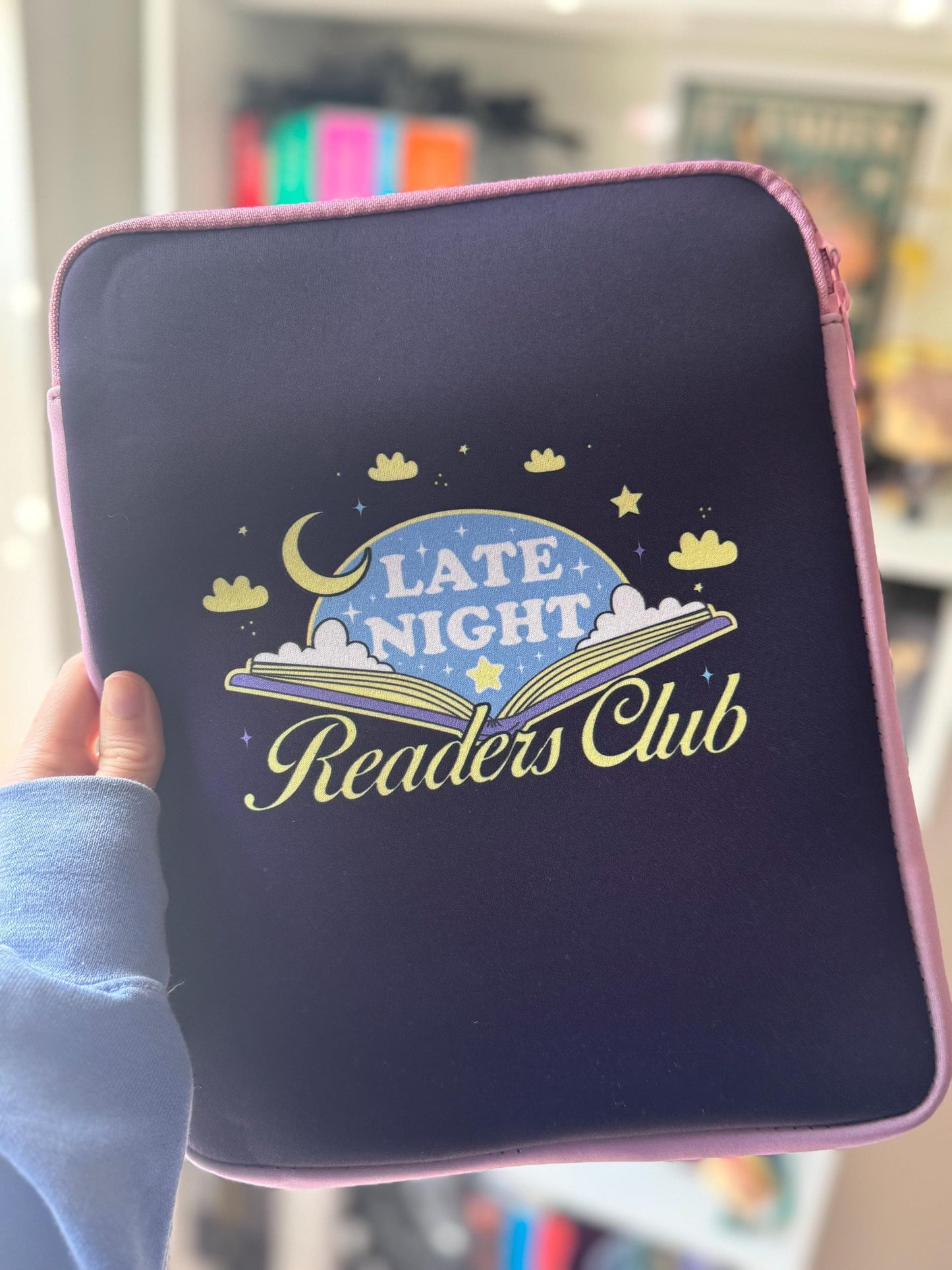 SMALL PRINTING IMPERFECTION Discounted Large Padded Book Sleeve with Zipper, Late Night Readers Club Book Pouch, Kindle Case, Reader Gifts