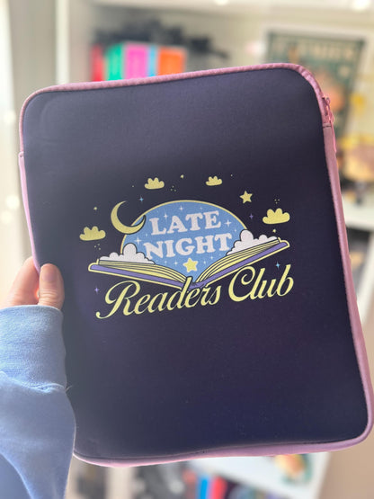 SMALL PRINTING IMPERFECTION Discounted Large Padded Book Sleeve with Zipper, Late Night Readers Club Book Pouch, Kindle Case, Reader Gifts