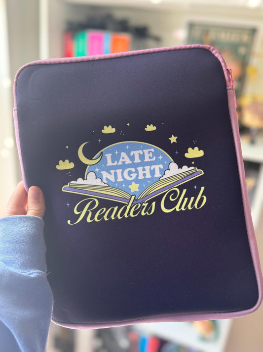 SMALL PRINTING IMPERFECTION Discounted Large Padded Book Sleeve with Zipper, Late Night Readers Club Book Pouch, Kindle Case, Reader Gifts