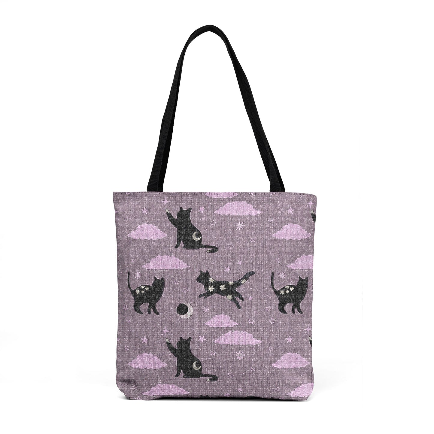 Lunar Cats Whimsical Woven Tote Bag, Witchy Black Cat Lover