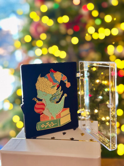 Bookish Dragon Christmas Tree Ornament, Gold Plated Enamel with gift box, Fantasy Reader Christmas Gifts, Holiday Stocking Stuffer