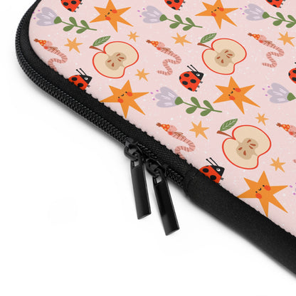 Quirky and Whimsical Laptop Sleeve | Cute Apple Worms and Stars Floral Design