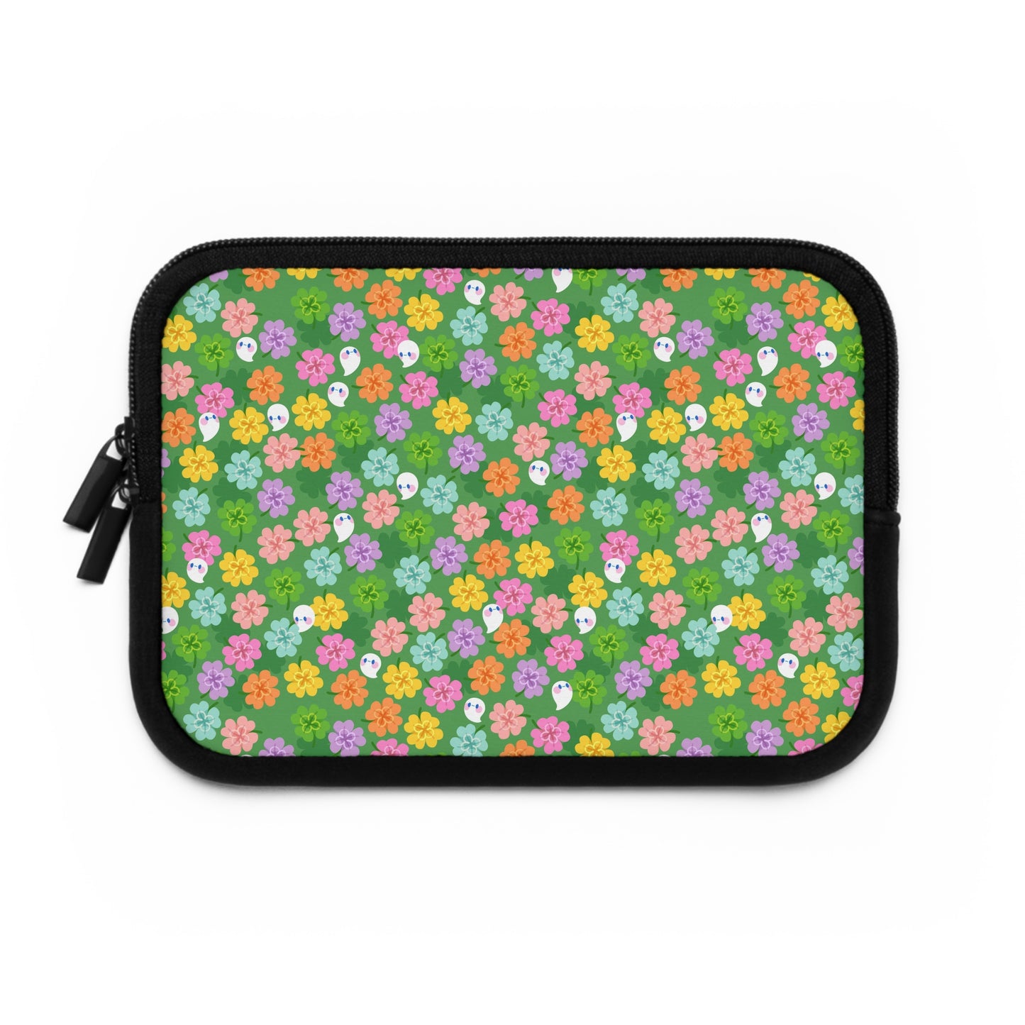 Colorful Clovers and Ghosts Laptop Sleeve | Green, Pink, Yellow, Retro Flowers
