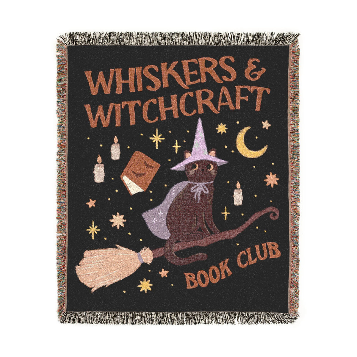 Whiskers & Witchcraft Woven Blanket | Cat Witch Spellbook Broom
