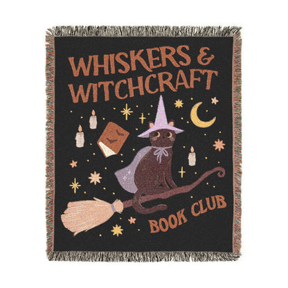Whiskers & Witchcraft Woven Blanket | Cat Witch Spellbook Broom