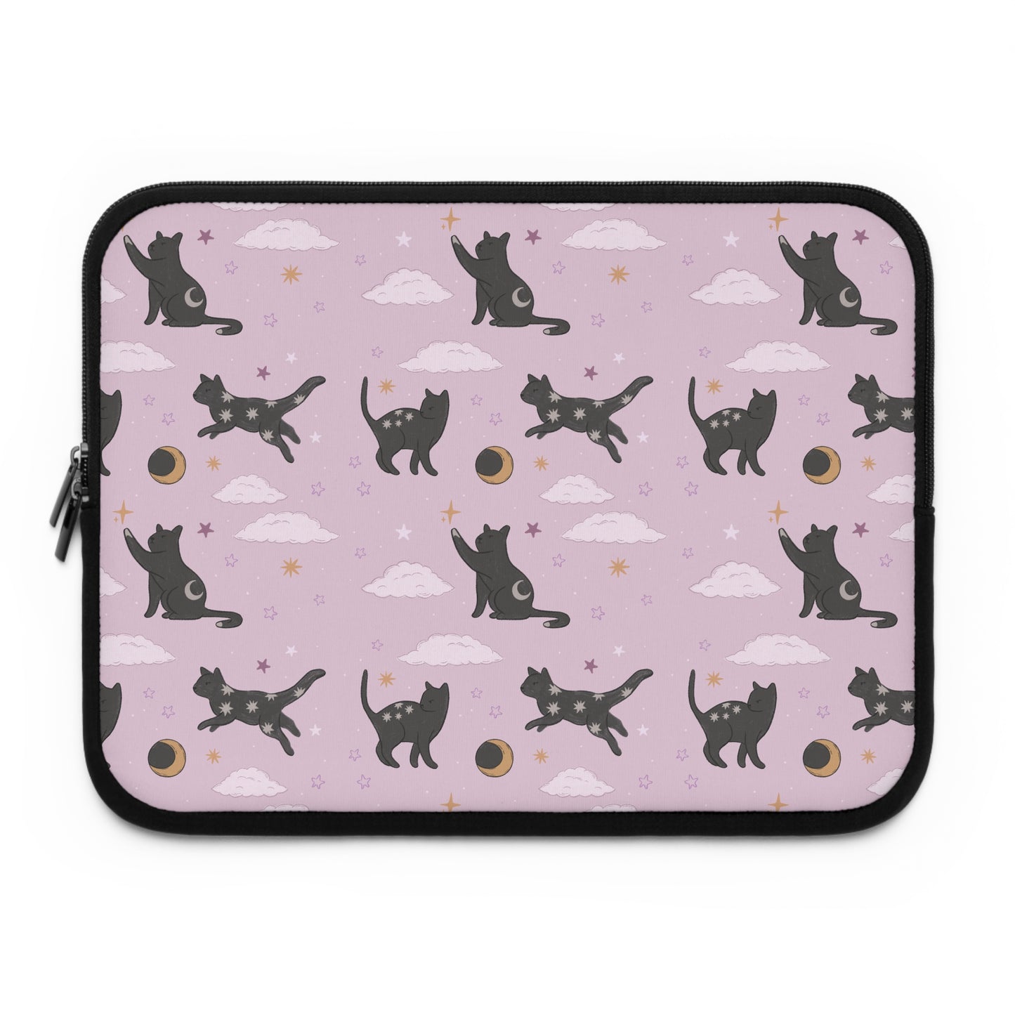 Lunar Black Cat Pattern Laptop Sleeve, Pastel Pink Stars Moons, Celestial Witchy Aesthetic, Cute Laptop Case, MacBook Case, Ipad Case