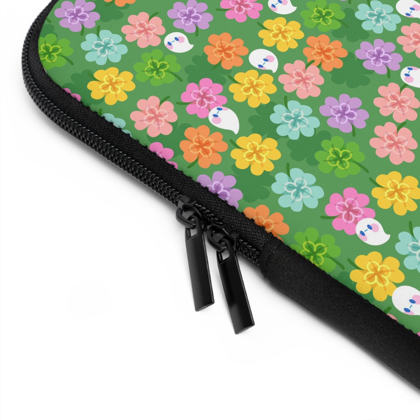 Colorful Clovers and Ghosts Laptop Sleeve | Green, Pink, Yellow, Retro Flowers