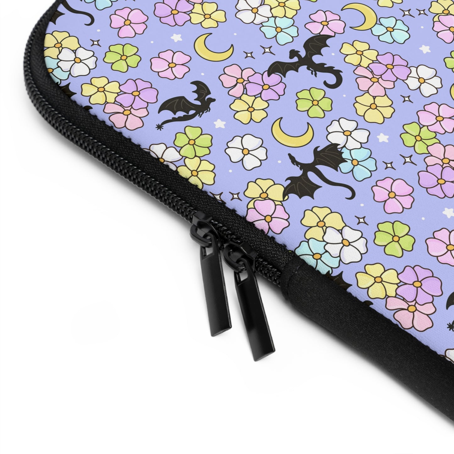 Dragon and Florals Fantasy Reader Laptop Sleeve | Pastel Flowers, Crescent Moons