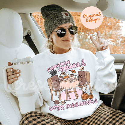 Pumpkin Spice and Cozy Mornings Fall Sweatshirt, Autumn Lover Crewneck, PSL Teddy Bears and Pumpkins
