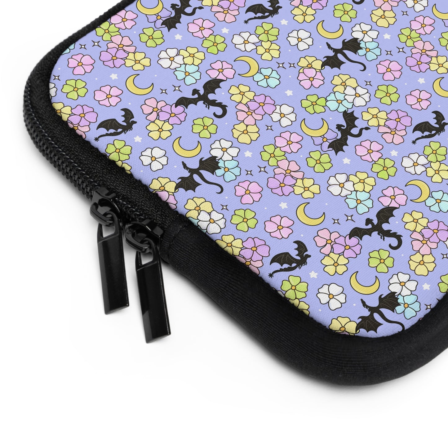 Dragon and Florals Fantasy Reader Laptop Sleeve | Pastel Flowers, Crescent Moons