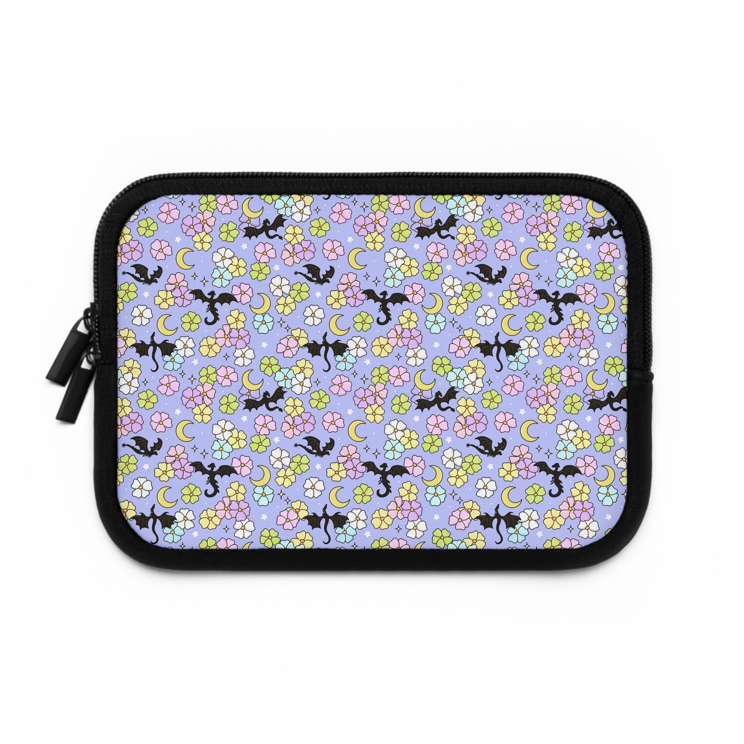 Dragon and Florals Fantasy Reader Laptop Sleeve | Pastel Flowers, Crescent Moons